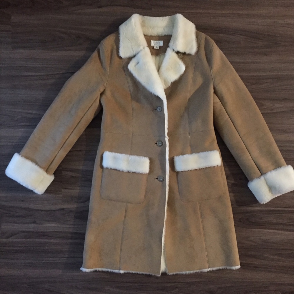 Ann Taylor Loft Tan/Ivory Faux Suede Fur Coat